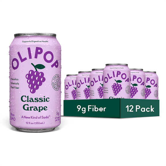 Olipop Prebiotic Soda Pop, Classic Grape, High Fiber, 12 fl oz 12 Pack