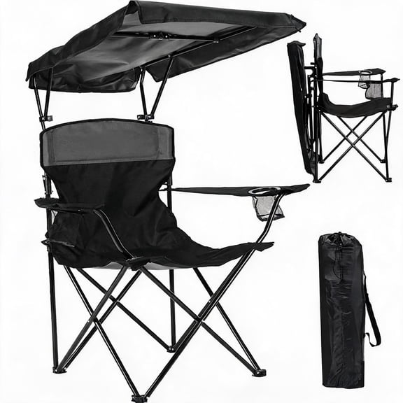 Portable Camping Chair with Adjustable Canopy and Side Pocket Black 1-Person