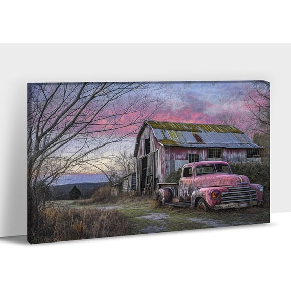 Aaheei Farmhouse Truck Wall Art, Old Truck Canvas Prints, Barn Picture Wall Art for Vintage Home Decor, Rustic Landscape Canvas Painting, Red Car Poster Artwork for Country Wall Decor
