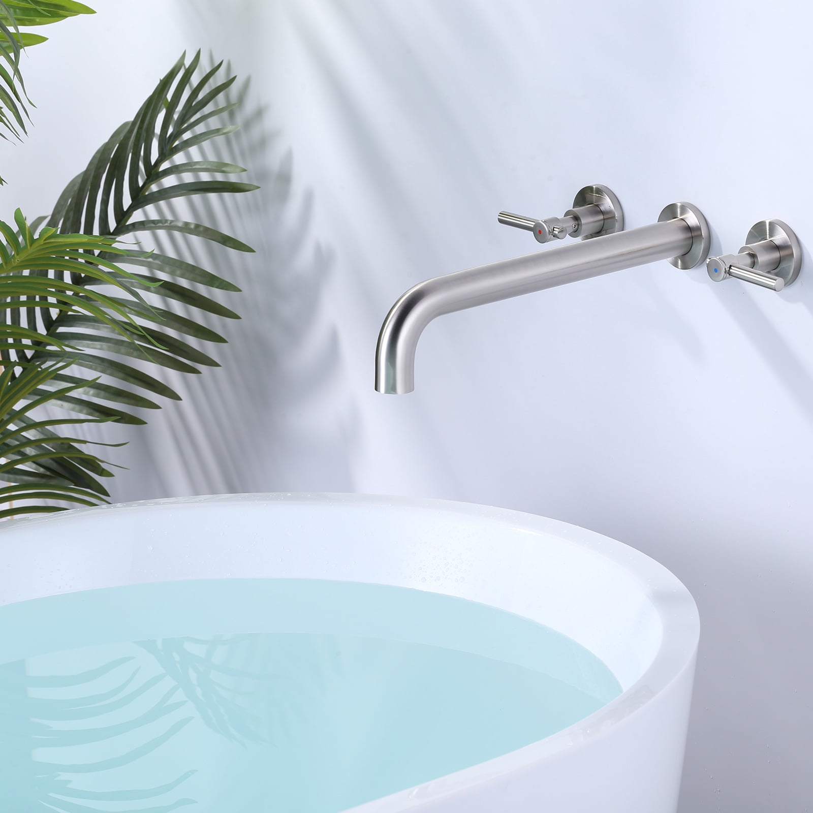 Wowow Wall Mount Tub Filler Faucets,High Flow Wall Mounted Bathtub Faucet with Two Handles and 12" Long Spout, Brushed Nickel