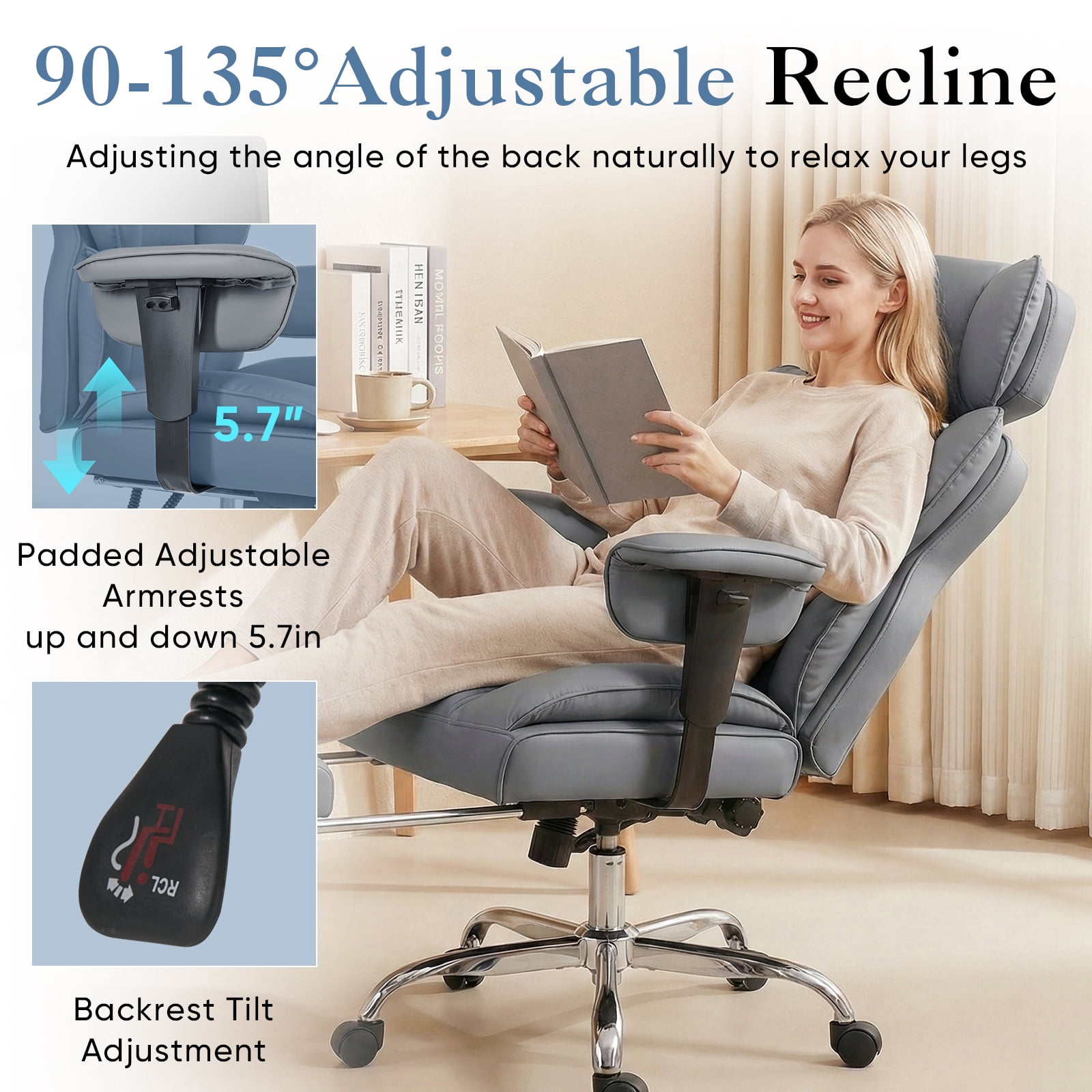 CONCETTA Ergonomic Office Chair 400LBS for Big & Tall, Heavy Duty Desk Chair with Reclining Back, Footrest, Luxurious PU Leather, Gray