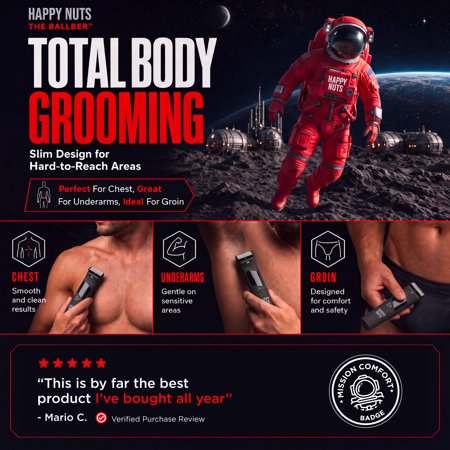Happy Nuts The Ballber Pro, Groin & Body Hair Trimmer, Waterproof Rechargeable Electric Shaver for Men