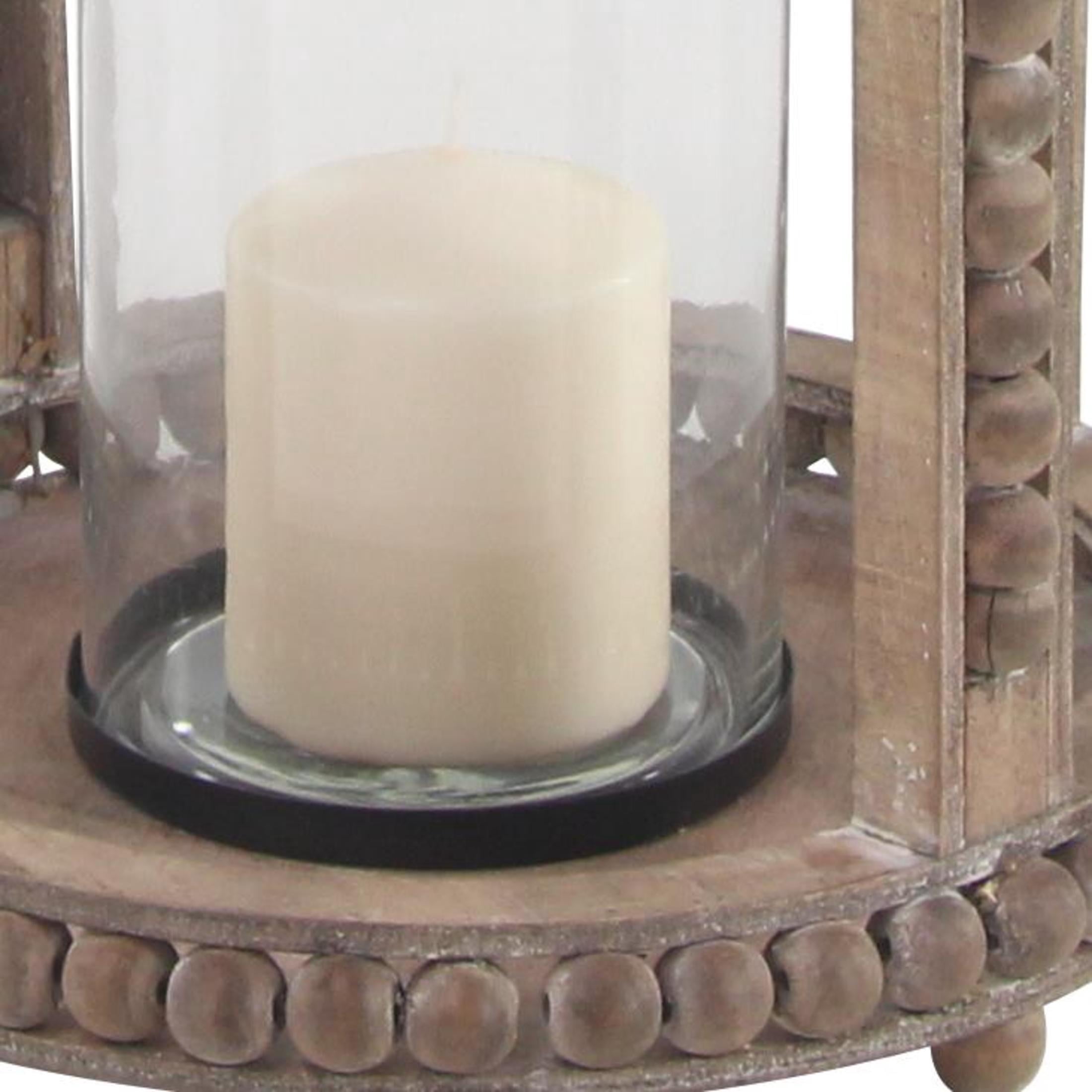 DecMode Brown Reclaimed Wood Beaded Decorative Candle Lantern