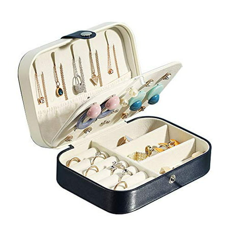 Jewelry Box, Small Jewelry Case Travel Jewelry Organizer Storage for Necklace Earring Ring Double Layer Premium PU Leather Jewelry Gift Box for Women Girls(Navy Blue)
