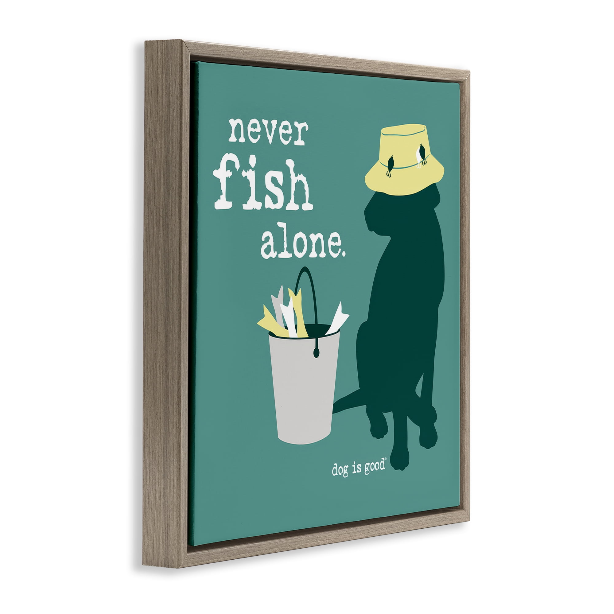 Stupell Industries Never Fish Alone Dog Animals Painting Brown Floater Framed Canvas Art Print Wall Art, 18 x 18