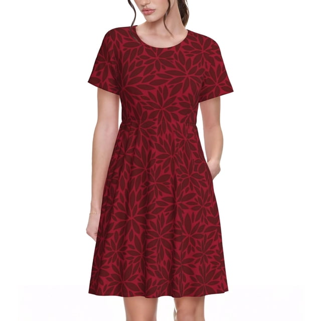 Balery Burgundy Floral Vestidos sueltos de manga corta para mujer, vestidos de verano 2025, vestidos casuales de corte A con vuelo.