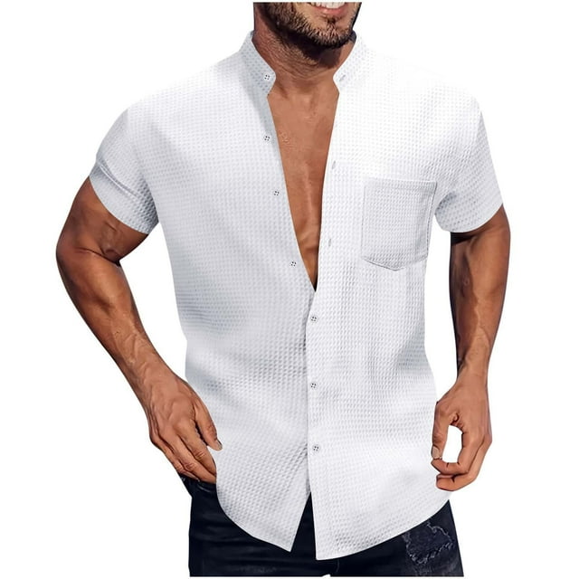 Mens Manga Corta Botón Abajo Camisas con Bolsillo Color Sólido Versátil Camisa de Cuello de Pie, Top de Verano Casual