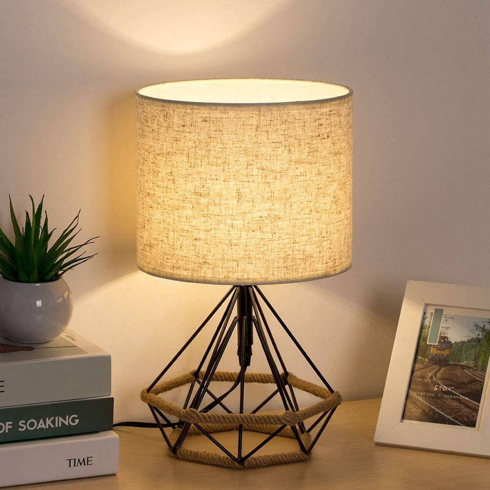 Haitral Bedside Lamp Small Black Table Lamp, Modern Hollowed Out Base Lamp with Linen Fabric Shade