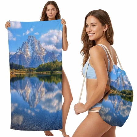 Blue Mountain 2-in-1 Beach Towel Backpack, Quick Dry Beach Towel Blanket Bag, Modern Art Green Forest Lake Portable Bath Pool Yoga Swim Picnic Travel Camping Towels Vacation Essential 27.6x55 Inches