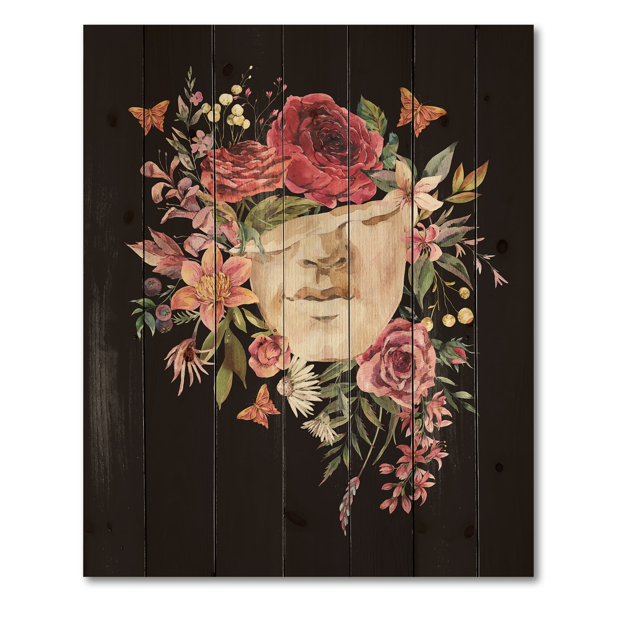 Designart 'Ancient Greek Sculpture Detail With Dry Flowers' Traditional Print on Natural Pine Wood