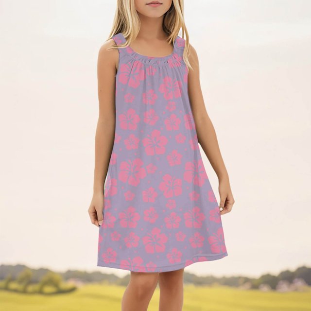 Robes pour Filles Enfants Tout-Petits Robe d'Été à Fleurs Sans Manches Plage Maillot de Bain Robe Débardeur Robe Enfants Violet Clair 7 Ans-8 Ans