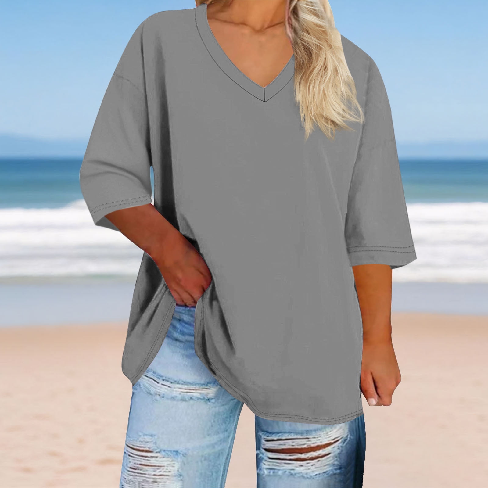 3/4 Sleeve Tops for Women Plus Size XL-5X V Neck T Shirts Womens Casual Solid Color Loose Pullover Breathable Basic Athletic Workout Tees Top