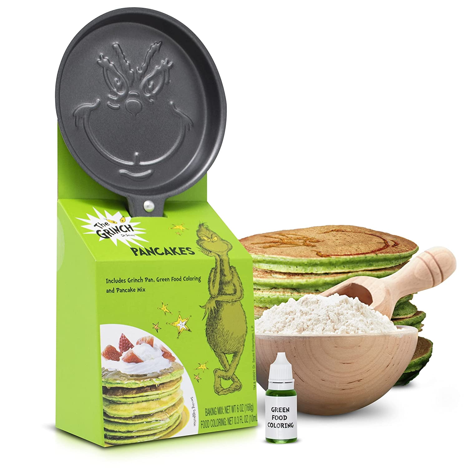 Dr. Seuss The Grinch Holiday round pancake pan with pancake mix and .03