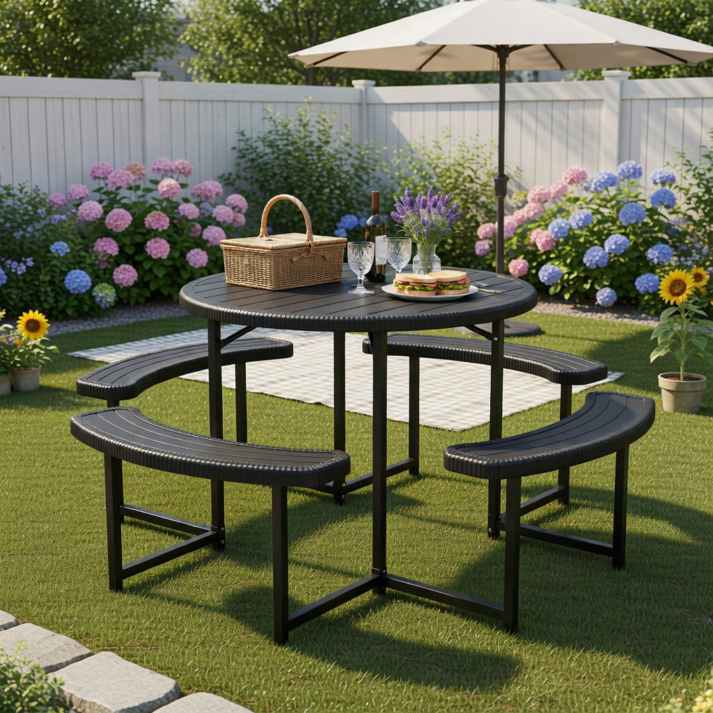 Hommoo Round Outdoor Picnic Table Set with 4 Benches & Umbrella Hole, Heavy-Duty Metal Frame, Weatherproof HDPE Top, Black