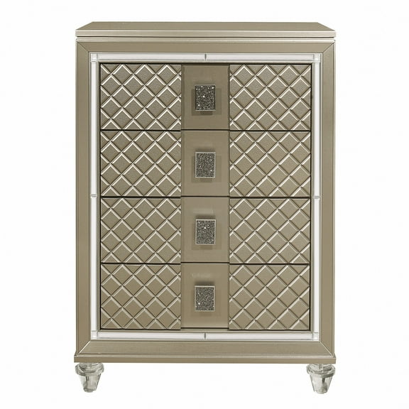 Newboti Furniture Glamorous Champagne Finish 1pc Chest of 4 Drawers Acrylic Feet Luxury Bedroom Furniture Beveled Mirror Trim 06309