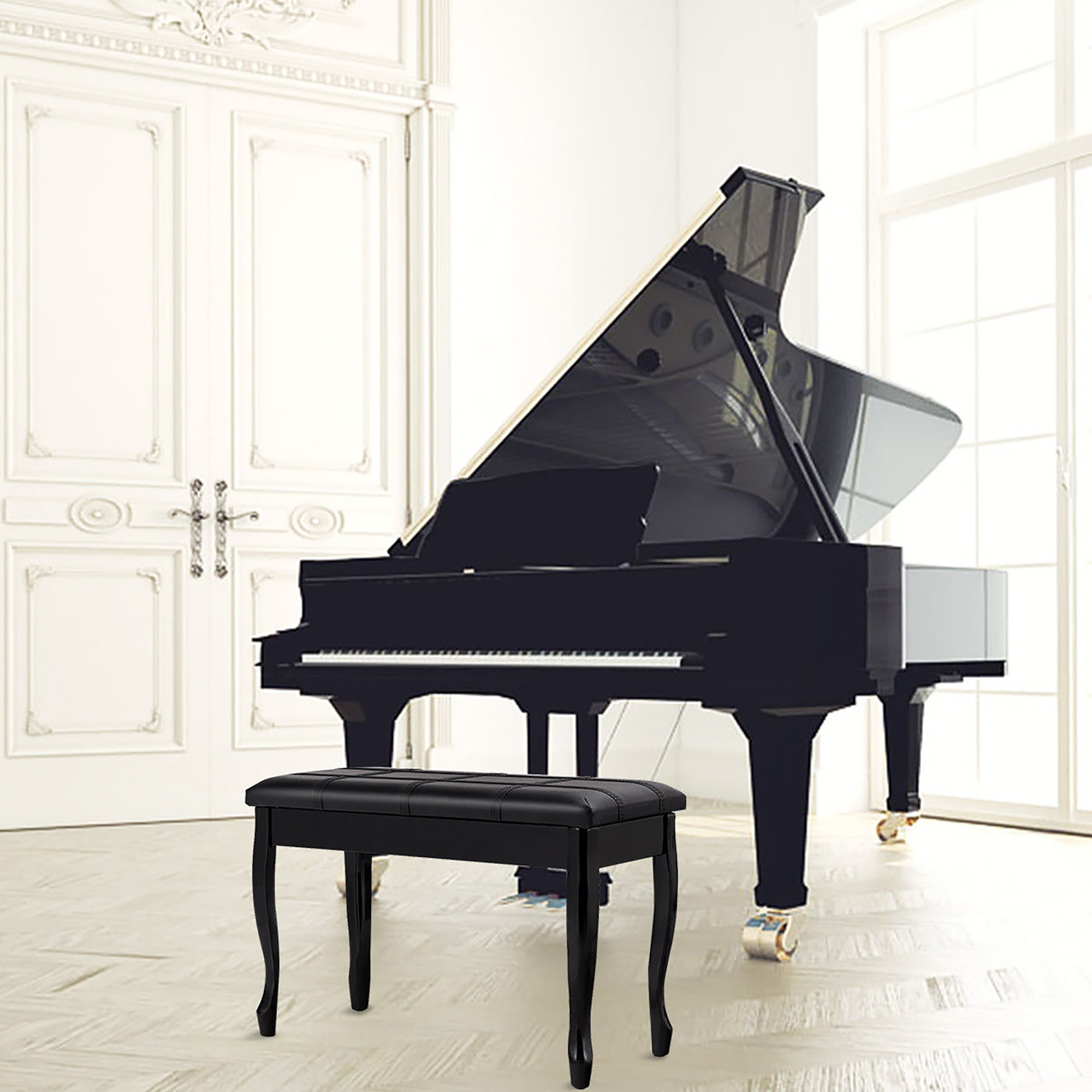 Costway PU Leather Solid Wood Piano Bench Padded Double Duet Keyboard Seat Storage Black
