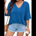 thumbnail image 3 of Camisetas con Cuello en V para Mujer, Blusas de Punto A Rayas de Media , Corte Holgado, Azul Real, Talla 4XL, 3 of 8