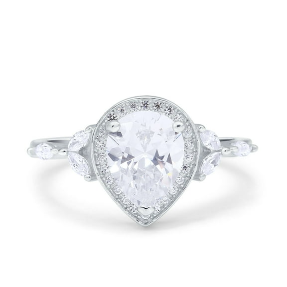 Simulated Cubic Zirconia Size-5 Teardrop Pear Art Deco Engagement Wedding Bridal Halo Ring 925 Sterling Silver