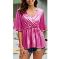 thumbnail image 2 of Top de manga corta para mujer, jersey con dobladillo con volantes, Top cruzado con cuello en V, camisa metálica, blusa con cintura elástica, rosa S, 2 of 6