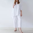 thumbnail image 5 of Outfmvch summer linen sets for women Women's Linen 2 Piece Outfits Linen 2 Piece Set for Women Matching Lounge Sets Womens Pajama Sets 2 Piece Sleepwear Wide Leg Trousers Suit Roll Sleeve White 4XL, 5 of 7
