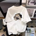 thumbnail image 2 of Camiseta de algodón de manga corta para mujer, cuello redondo, holgada, moderna, blanca, estampada, parte superior e inferior, 2 of 5