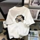 thumbnail image 5 of Camiseta de algodón de manga corta para mujer, cuello redondo, holgada, moderna, blanca, estampada, parte superior e inferior, 5 of 6