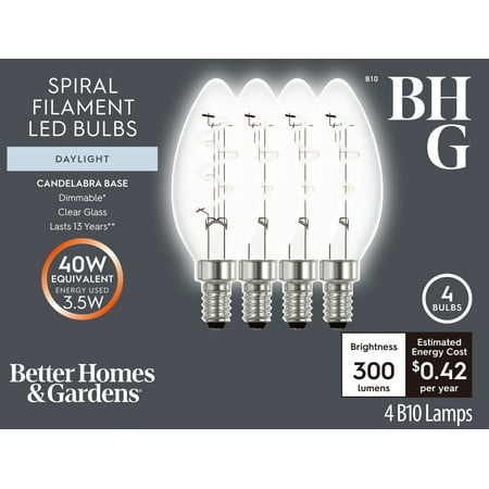 Better Homes & Gardens B10 LED Light Bulb, 3.5W (40W Equivalent) Dimmable Daylight E12 Base, 4 Pack