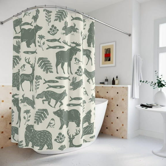 Woodland Green Shower Curtain Log Cabin Woodland House Decor Bathroom Art Rustic Bathroom Decor For Hunting Cabin with Deer Moose & Bear 60x72in