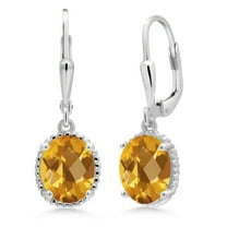 Gem Stone King 925 Sterling Silver Yellow Citrine Leverback Dangle Earrings for Women (3.30 Cttw, Gemstone November Birthstone, Oval Checkerboard 9X7MM)