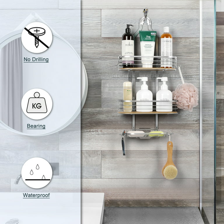 GeekDigg 2 Pack Corner Shower Caddy, Adhesive Bathroom Shelf Wall Mounted with Razor, Silver