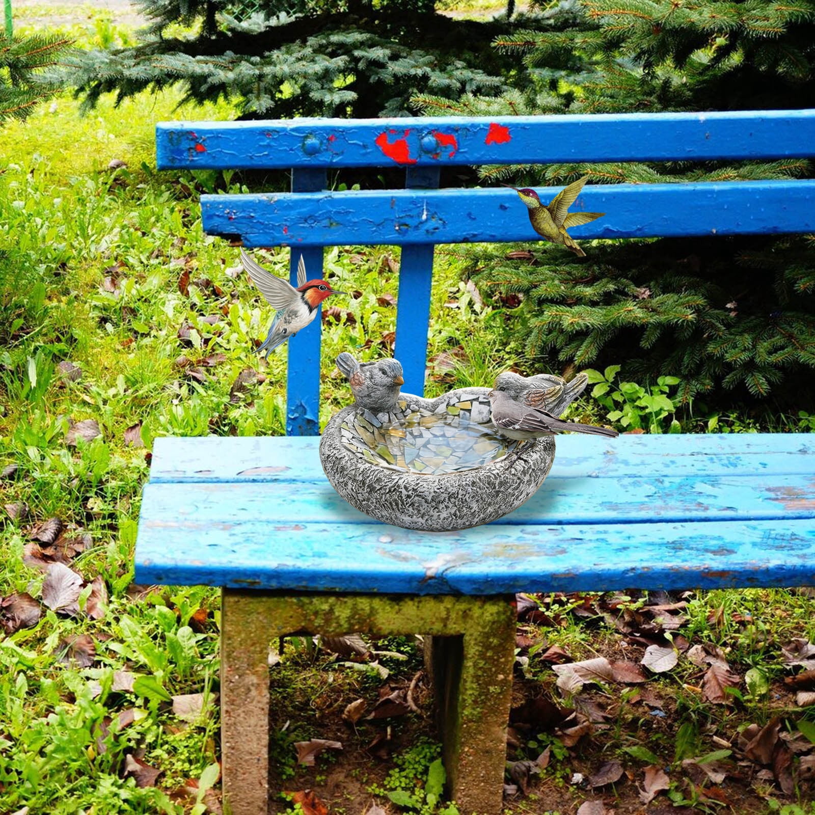 Diceymbol Mosaic Stone Bird Feeder Outdoor Standing Wild Bird Feeder With Dual Bird Figurines Weatherproof Resin Feeder For Garden Patio Yard And Backyard Bird Watching