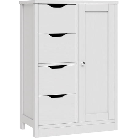 Bathroom Floor Storage Cabinet Wooden Storage Organizer with 4 Drawers and 1 Door Freestanding Pantry Cabinet with Adjustable Shelves for Bathroom Living Room Kitchen Entryway White