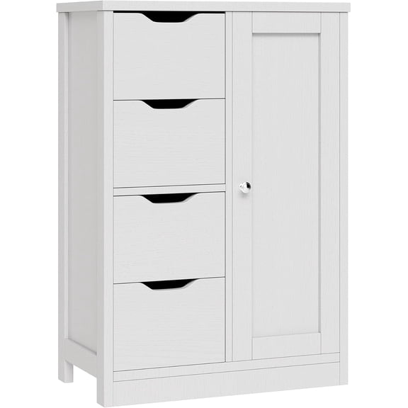 LEHOME Bathroom Floor Storage Cabinet, Wooden Storage Organizer with 4 Drawers and 1 Door, Freestanding Pantry Cabinet with Adjustable Shelves for Bathroom, Living Room, Kitchen, Entryway, White