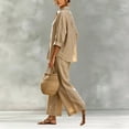 thumbnail image 2 of Morttic Women's Plus Size 2 Piece Set – 3/4 Sleeve Lapel Button Front Top & Wide Leg Trousers with Pocket Casual Wear Khaki，S, 2 of 3