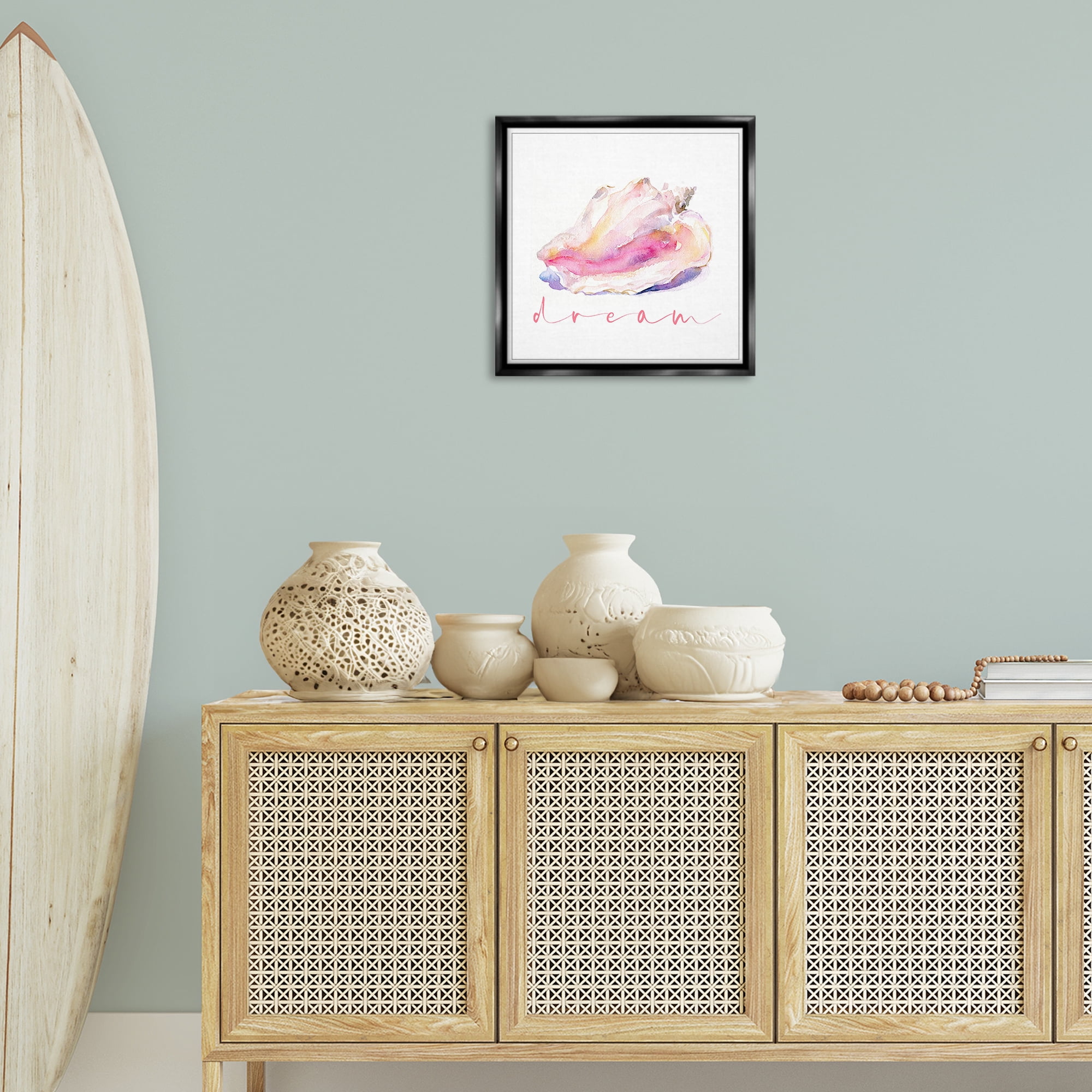 Stupell Industries Conch Dream Phrase Nautical & Beach Painting Black Floater Framed Canvas Art Print Wall Art, 18 x 18