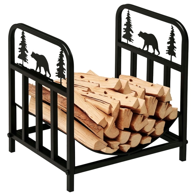 Black Firewood Rack with Bear & Tree Design - 16.5" Log Holder for Patio, Fireplace & Garden - 110lb Capacity Steel Storage Rack