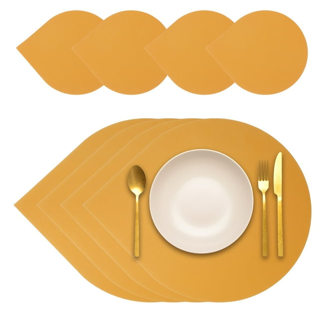Juego de 4 manteles y posavasos Uxcell, manteles de mesa en forma de gota de cuero PU de doble cara, lavables, resistentes al calor, impermeables y a prueba de aceite para la mesa de cocina (Amarillo)