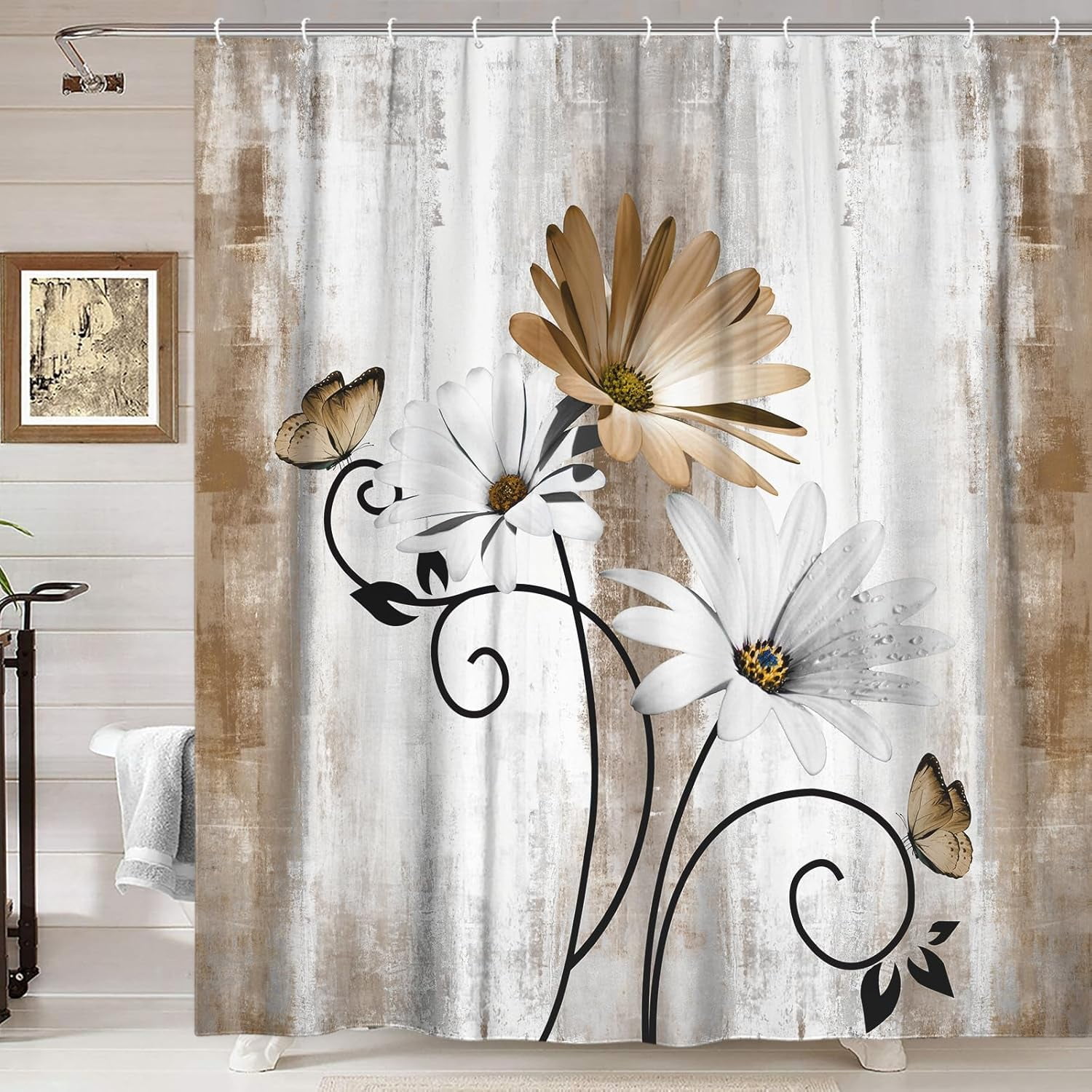 Rustic Farmhouse Shower Curtain, Farm Tan Cream Daisy Floral Flowers and Butterfly on Country Wooden Shower Curtain for Bathroom, Beige Brown Shower Curtain with 12PCS Hooks, 72X72IN
