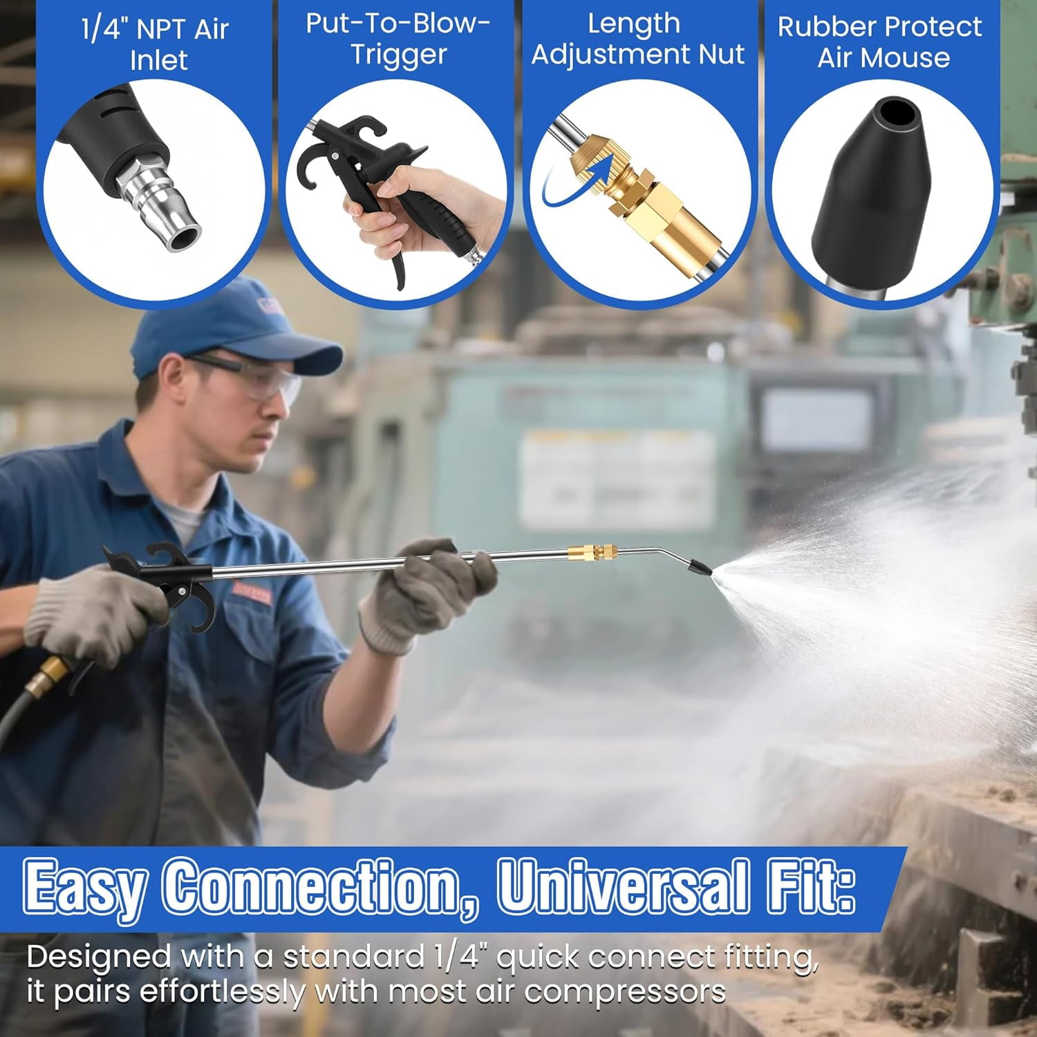 High Pressure Air Blow Gun, 27-42 Inch Extension Long Air Nozzle Blower Wand with 1/4" NPT Inlet & Lever Grip, Heavy Duty Industrial Blow Gun Pneumatic Tool for Radiator Compressor Attachments