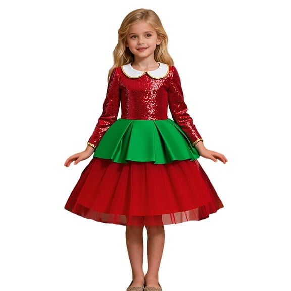 Girls Christmas Dress Girls Dresses Child Girls Long Sleeve Christmas Sequin Pageant Dress Party Gown Dresses