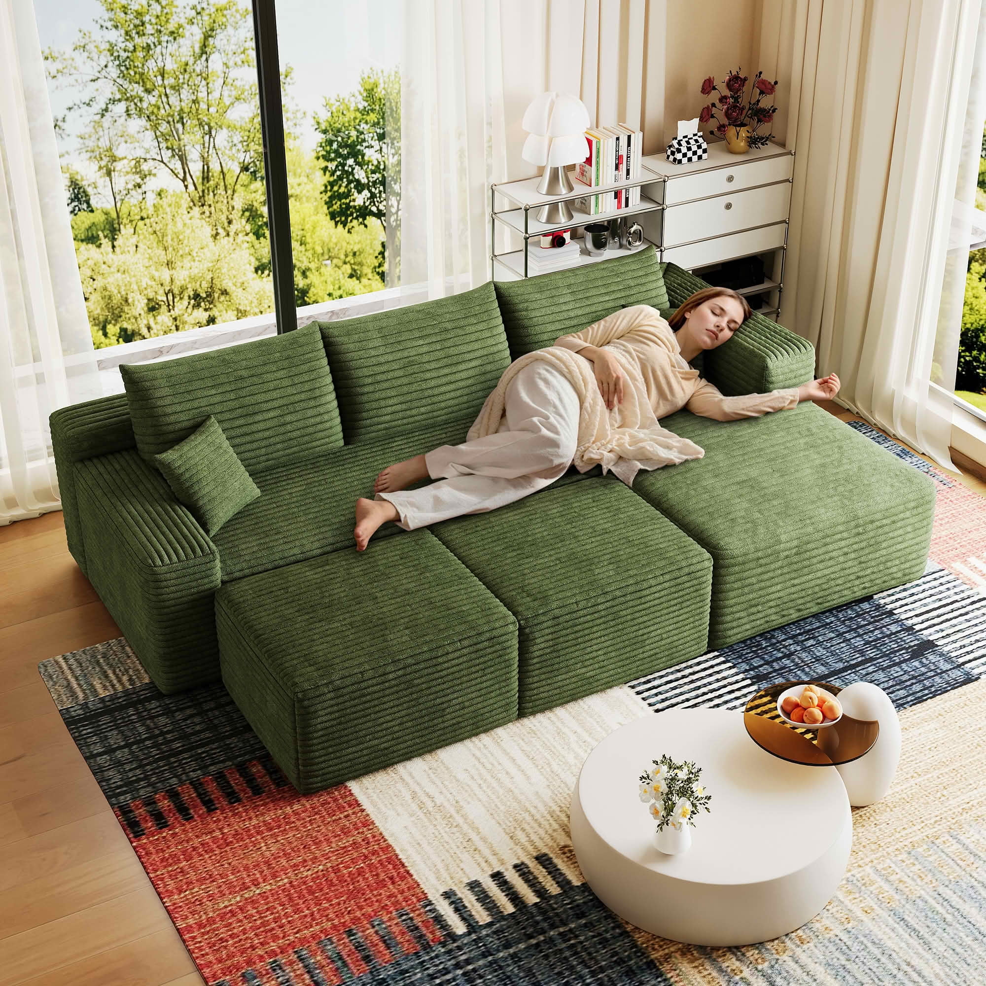 MAYEERTY 95 Inch U‑Shaped Cloud Sectional Sofa with 2 Ottomans, Modern Deep‑Seat Corner Couch, Plush Corduroy Reversible Sofa, No‑Assembly for Living Room Bedroom Apartment