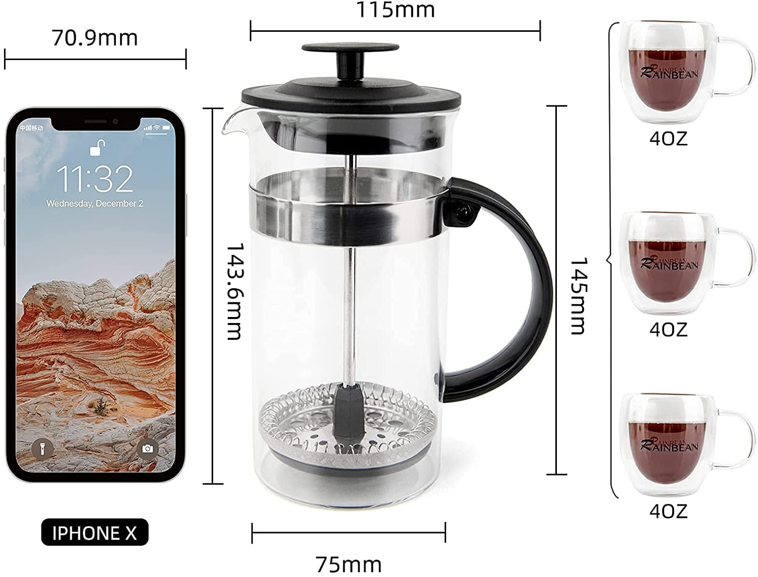 Rainbean Mini French Press Coffee Maker 12 oz , Small French Press 350 ml,  Camping Coffee Press, Heat Cold Coffee Brewer with Spoon and Brush (Luxury