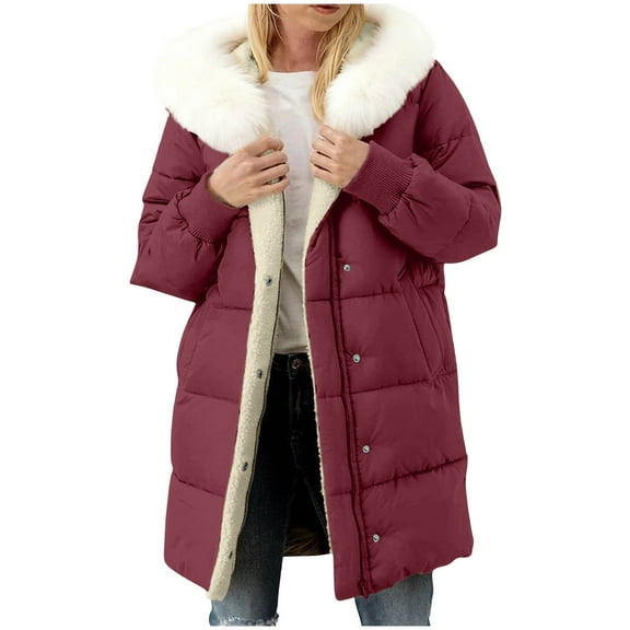 Womens Winter Warm Coats Heavyweight Long Puffer Jackets Fleece Lined Faux Fur Trim Hooded Thick Warm Parka Jackets (L, Wine)
