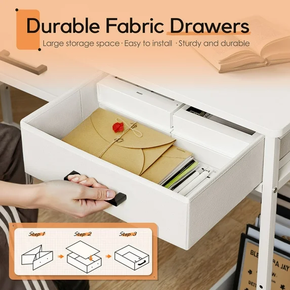 Furmax 47” Home Office Computer Desk  Writing Table with 3 Fabric Drawers and Storage Shelves & Hooks for Small Spaces, Home Office , Student Study, White
