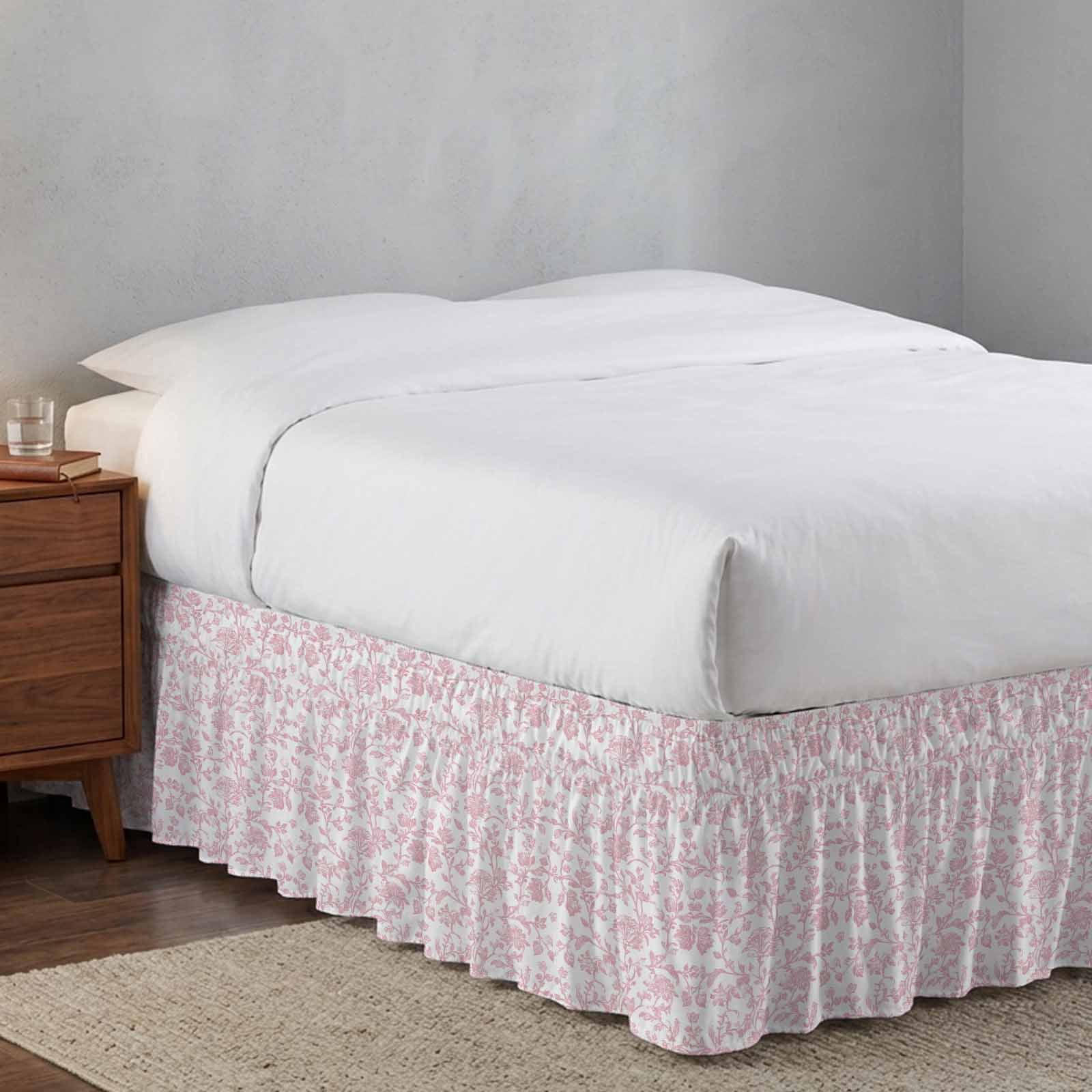 Bed Skirt Light Pink Floral Paisley Adjustable Elastic Wrap-Around Dust Ruffle with Boho Leaf Vintage Farmhouse Linen 16 Inch Drop, Bed Frame Cover for Queen Size Bed