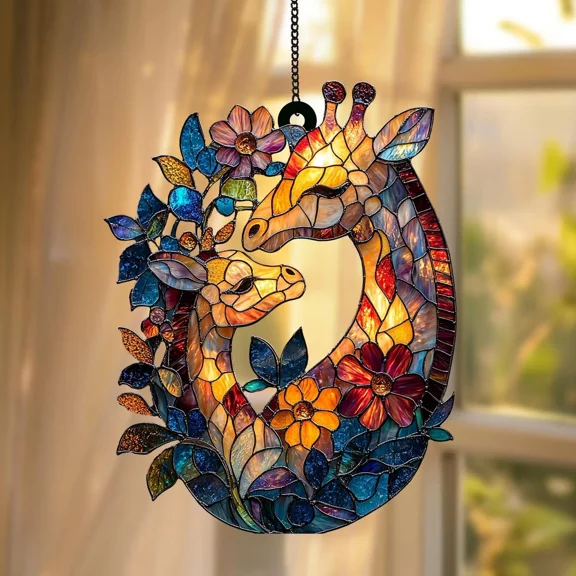 Giraffe and Flowers Suncatcher | Water Ripple Acrylic | Faux Stained Glass Window Hanging | Safari Animal Decor