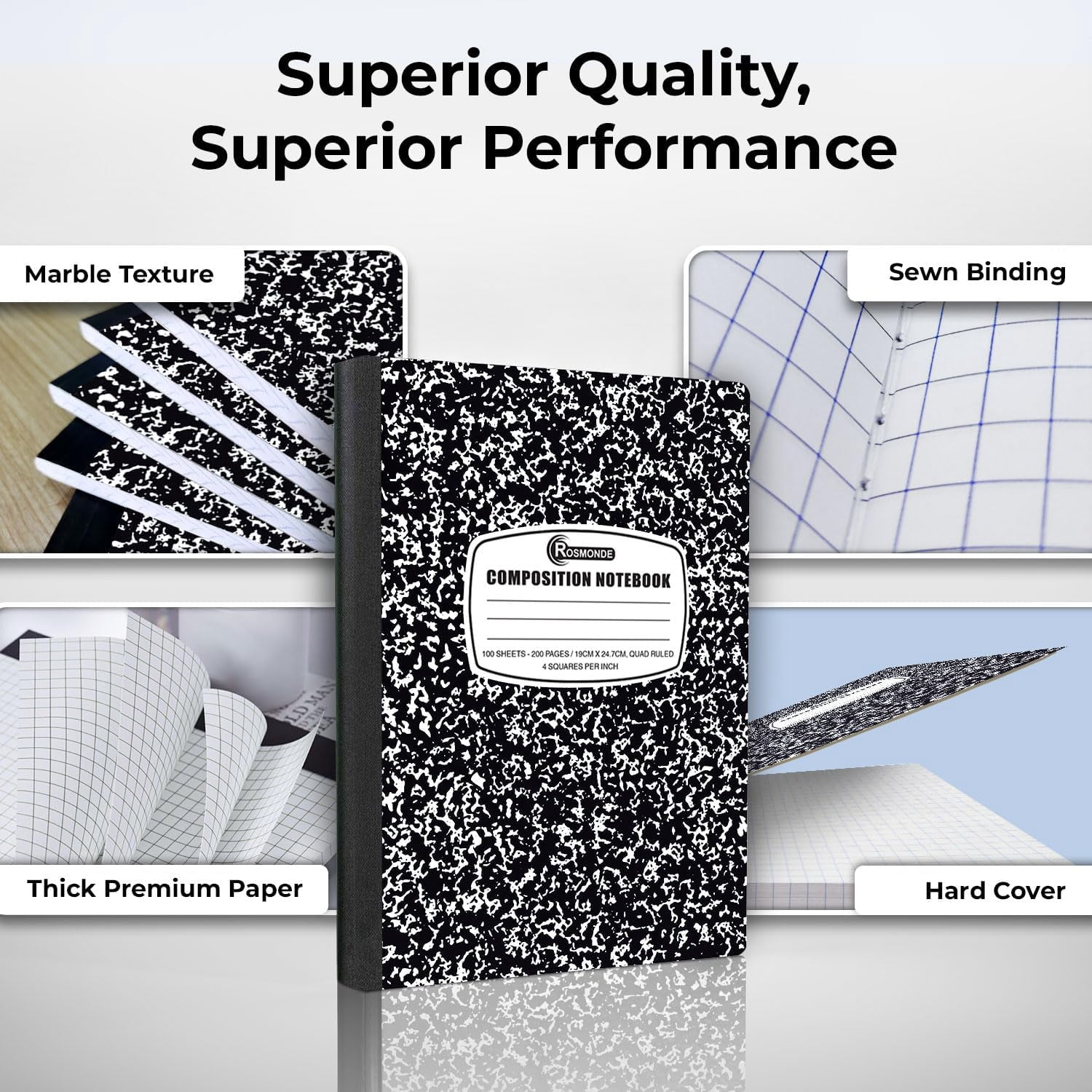 Rosmonde Composition Notebooks Bulk Pallet, 5000 Pack, Quad Ruled, 200 Pages (100 Sheets), 9.75 x 7.5 in, Black Marble Cover, Bulk Supplies for School Districts & Office, 4–7 Day Transit