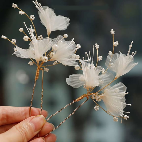 White Silk Flower Hair Pins U Shaped Hair Crystal Hair Clips, Bridal Wedding Hair Pins, Metal Silver Pearl Bobby Pins Hair Jewelry Accessories for Women Girls Thick Long Hair