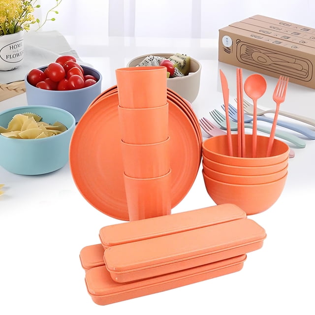 32 Pcs Ustensiles de Voyage, Ensemble de Couverts Portables Réutilisables de 8,85 Pouces, Inclut Fourchette Cuillère Baguettes avec Assiette