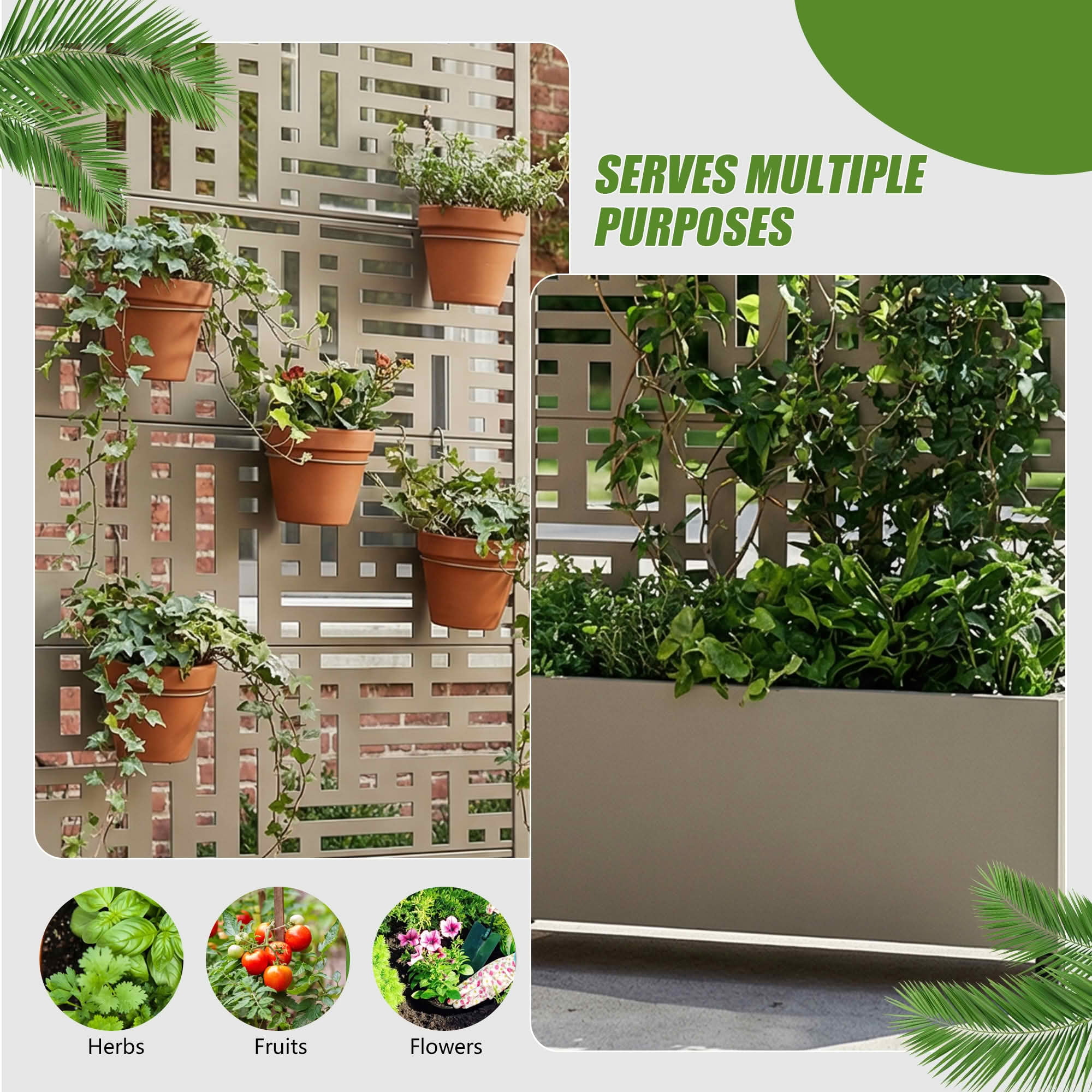 MAYEERTY 72X35" Metal Outdoor Olive Gray Privacy Screen with Planter Box for Backyard & Garden, 5 Piece Set